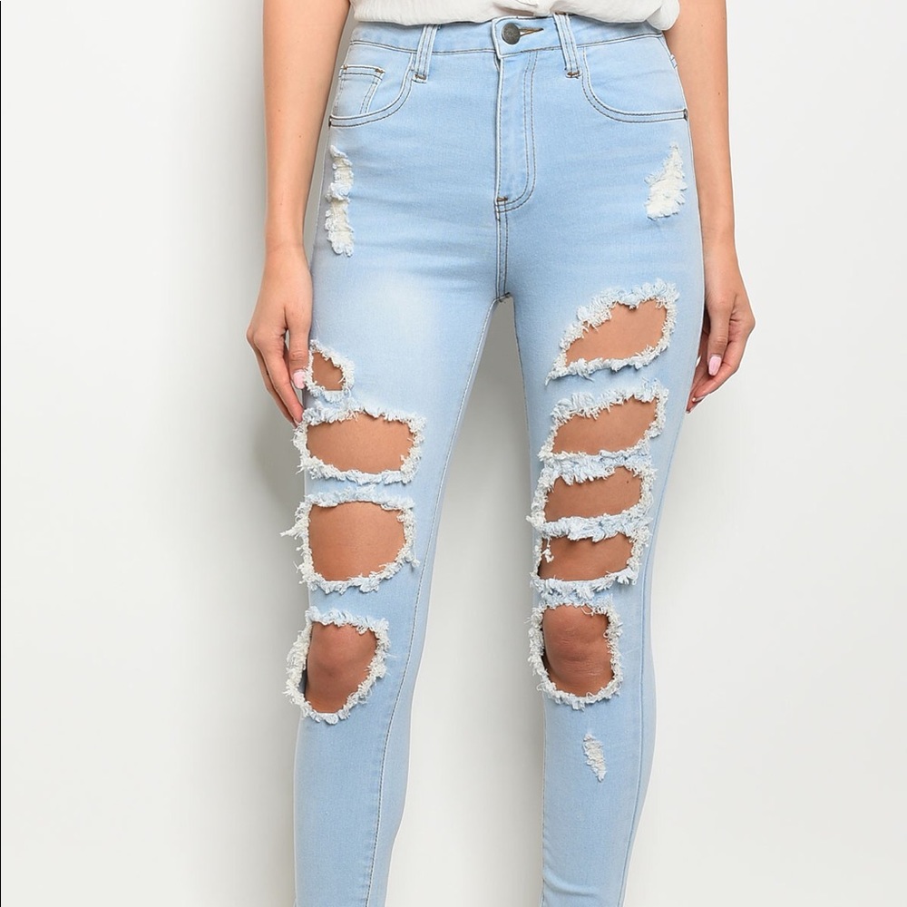 Light Blue Distressed Skinny Jeans | - Picture 3 of 8